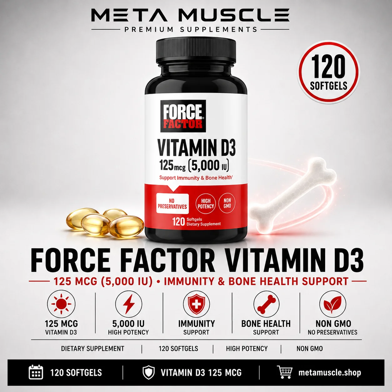 Force Factor Vitamin D3 5000 IU 120 Softgels